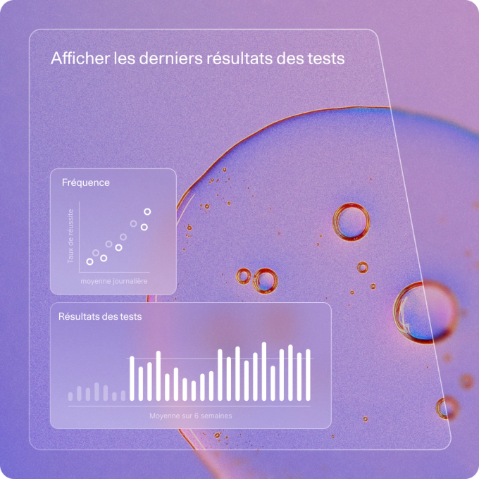 Overlay card reading 'Show latest test results' with charts for frequency and test results, displayed over a purple and pink abstract background with circular patterns.