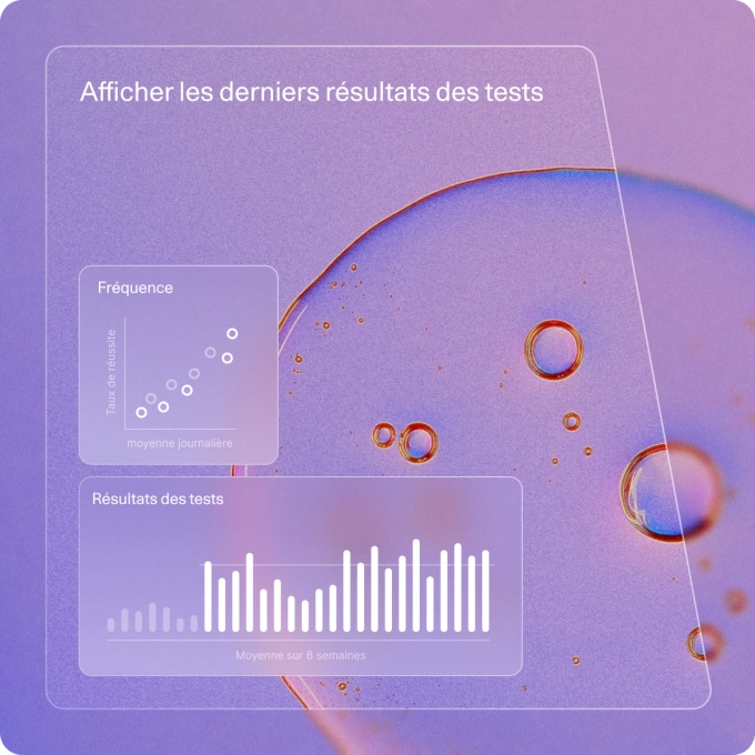 Overlay card reading 'Show latest test results' with charts for frequency and test results, displayed over a purple and pink abstract background with circular patterns.
