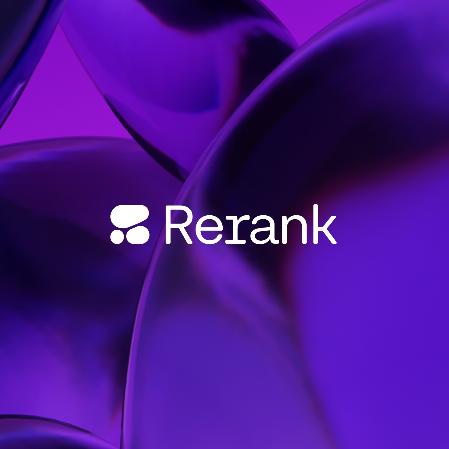 Rerank logo and text centered on a purple abstract background with smooth, rounded shapes.