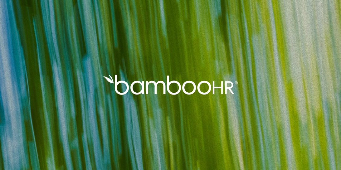 Abstract green and blue vertical motion blur background with the BambooHR logo centered in white.