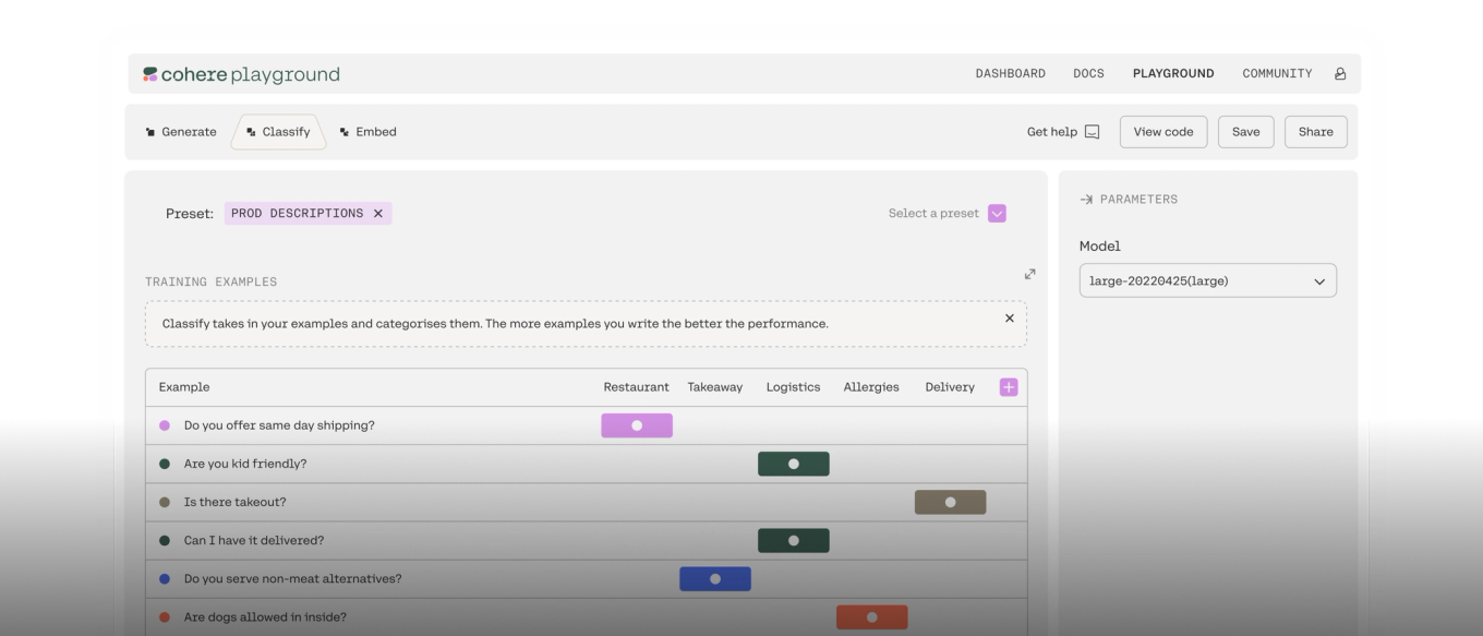 Screenshot of a machine learning interface showing user inputs and outputs. A model named "large" is selected, with labeled categories like Restaurant, Tasting, and Logistics displayed horizontally.