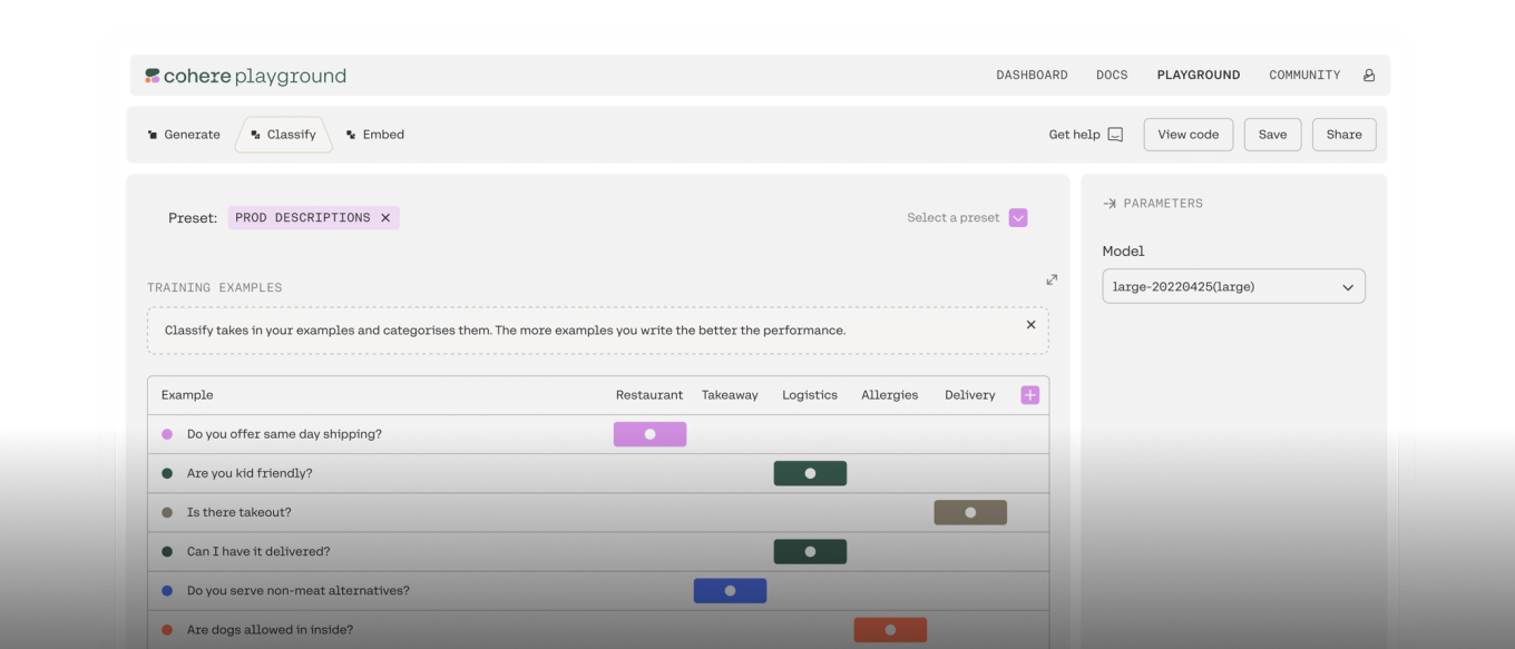 Screenshot of a machine learning interface showing user inputs and outputs. A model named "large" is selected, with labeled categories like Restaurant, Tasting, and Logistics displayed horizontally.