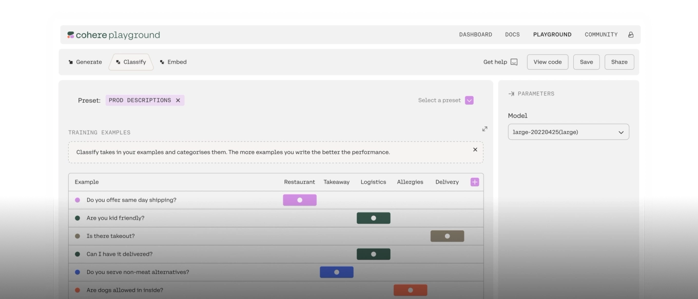 Screenshot of a machine learning interface showing user inputs and outputs. A model named "large" is selected, with labeled categories like Restaurant, Tasting, and Logistics displayed horizontally.