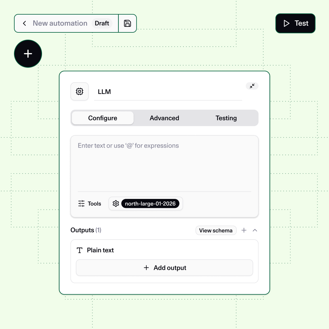Agent creation screen with fields to name the agent, add a description, and select a model.