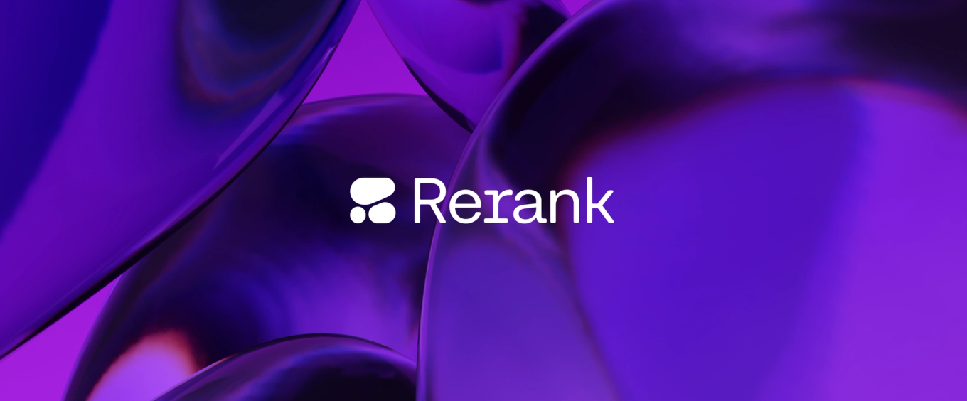 Rerank logo and text centered on a purple abstract background with smooth, rounded shapes.