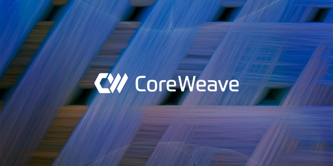 Abstract blue textured background with diagonal brush-like patterns, featuring the CoreWeave logo centered in white.