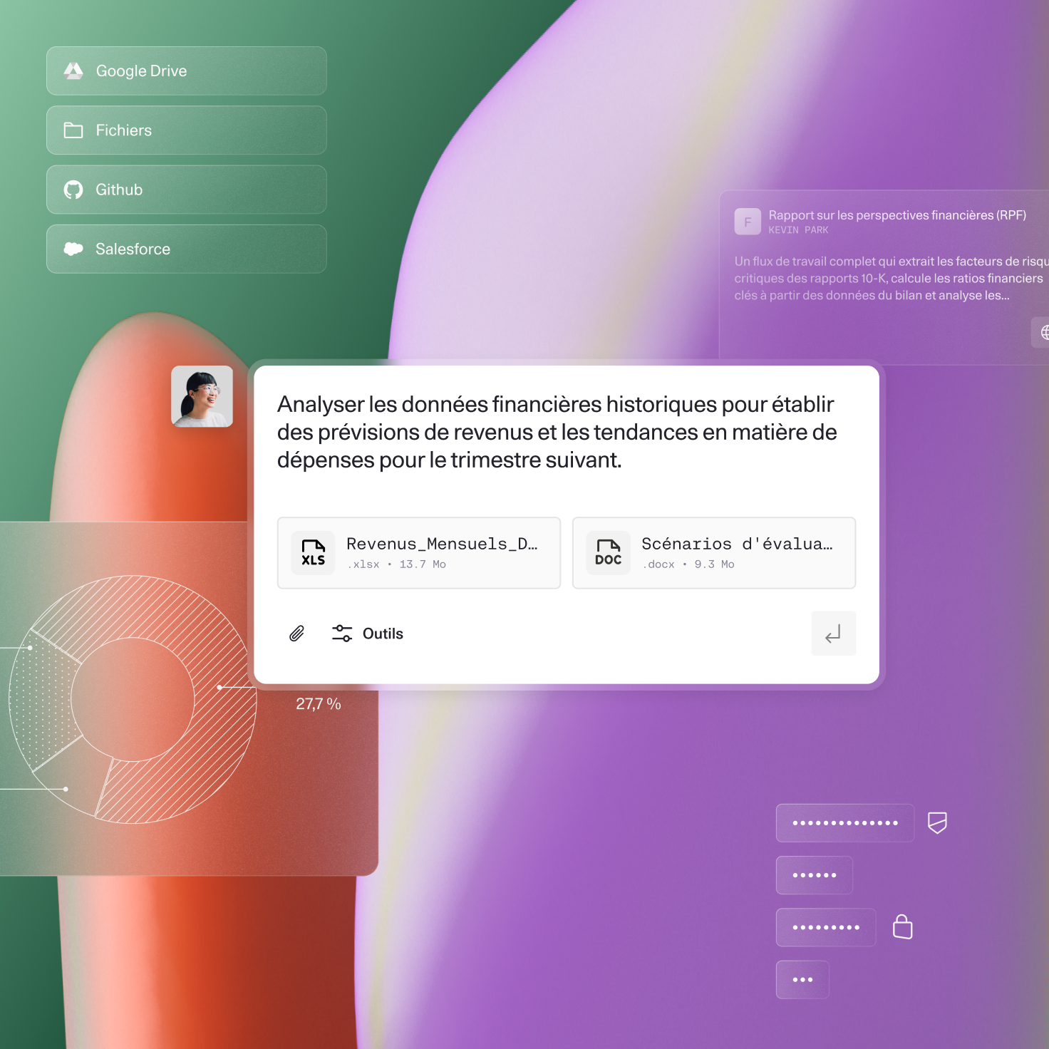 Interface affichant des invites d’analyse de données financières avec des fichiers XLSX et DOCX joints, ainsi que les icônes de Google Drive, GitHub et Salesforce sur un arrière-plan coloré dégradé.