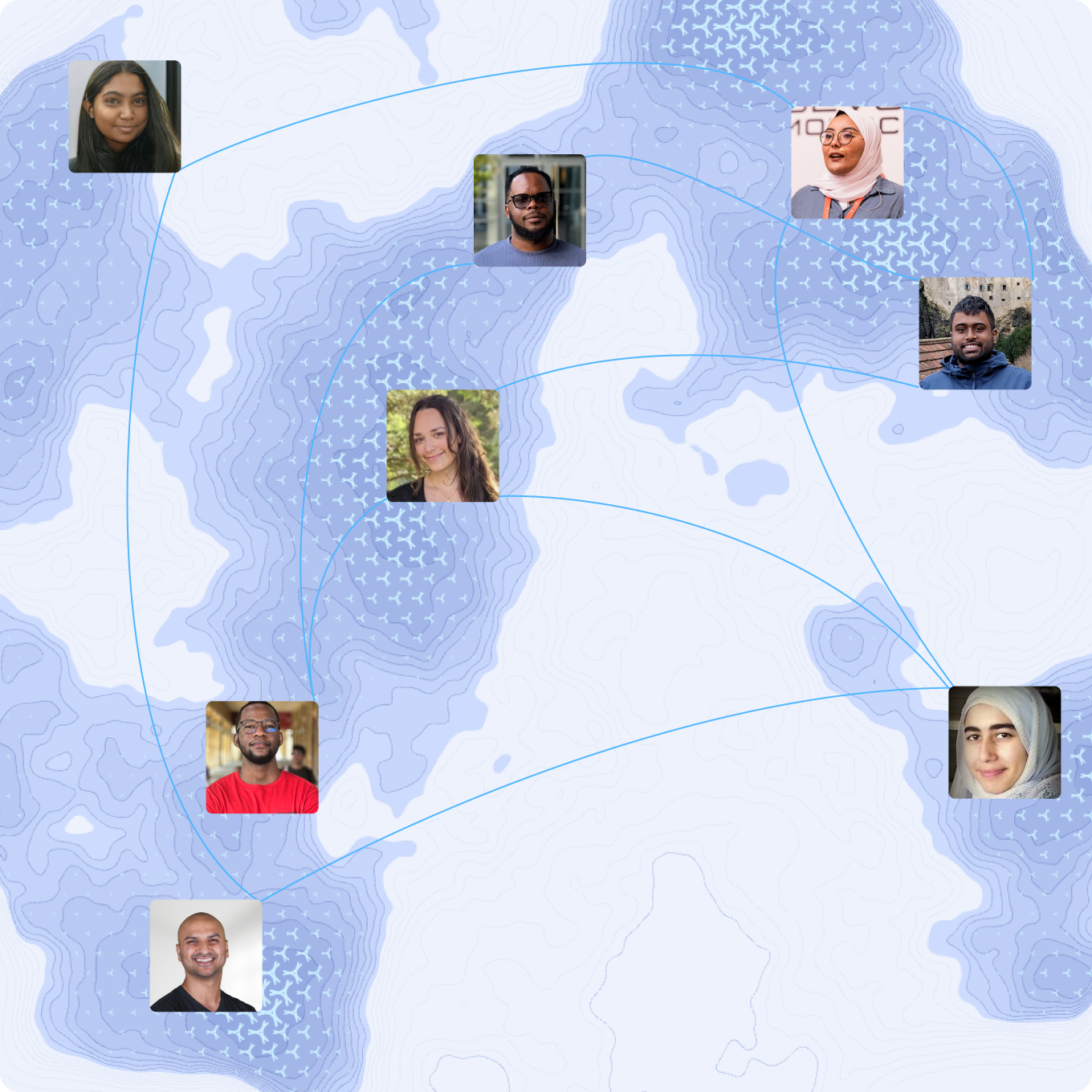Collage of diverse people’s profile photos connected by dotted lines on a dark green digital background resembling data streams or circuitry, representing a connected global network.