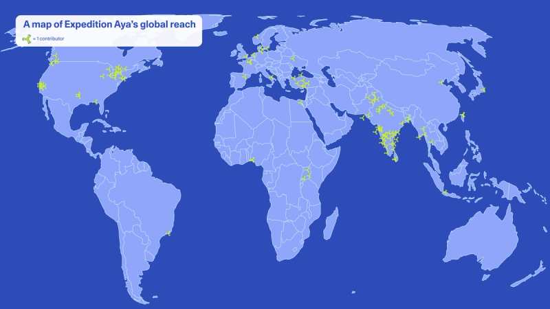 A map of Expedition Aya's global reach, with dots representing the location of all contributors.