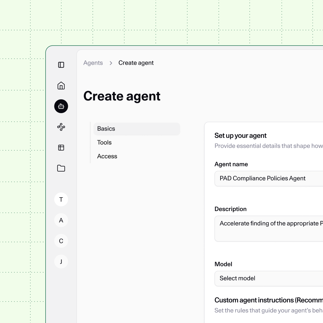 User interface showing a task configuration for an AI agent to extract demographics and remits from JSON input using Slack, Drive, and MCP tools.