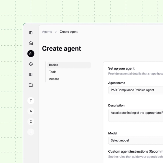 User interface showing a task configuration for an AI agent to extract demographics and remits from JSON input using Slack, Drive, and MCP tools.
