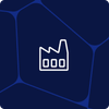 Abstract background with blue hues, featuring a minimalist white factory icon in the center