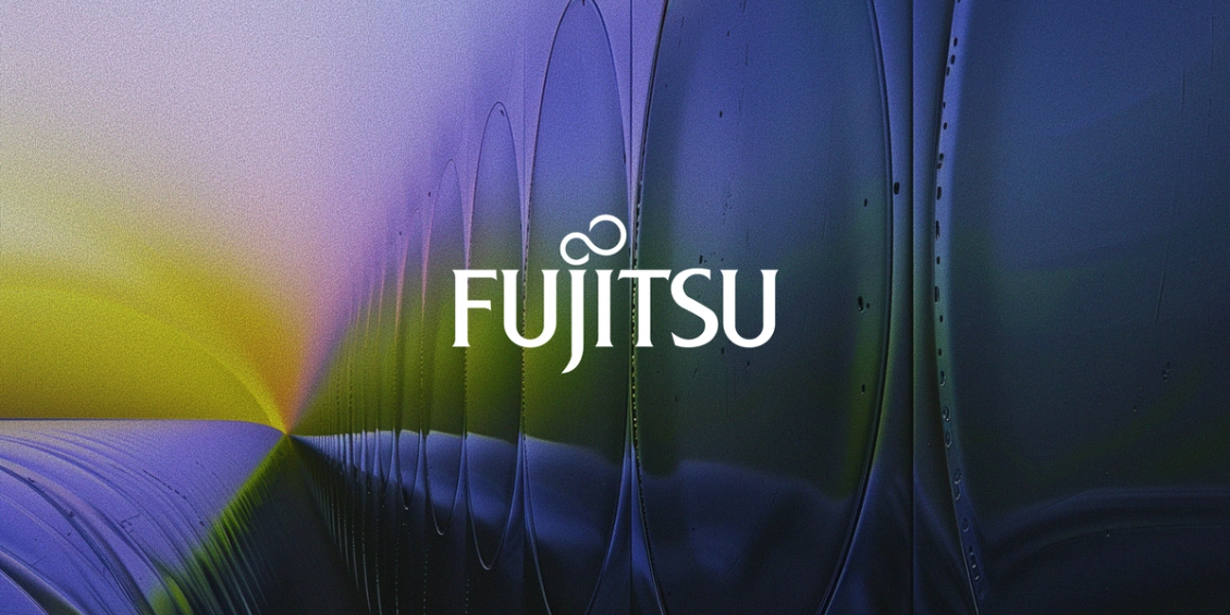 Abstract, colorful tunnel-like background with curved lines, featuring the Fujitsu logo centered in white.