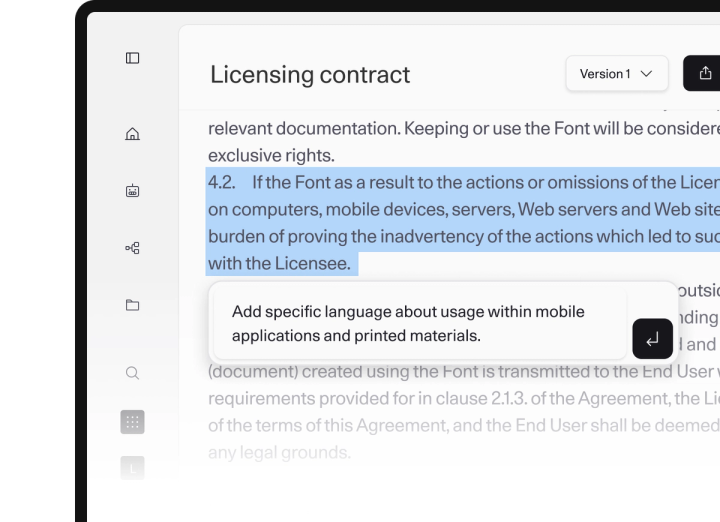 Licensing contract document with section 4.2 highlighted, containing legal text about font usage. A comment box suggests adding language on usage in mobile apps and printed materials.