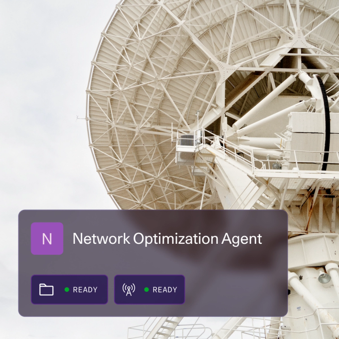 Network Optimization Agent interface card overlaid on a large satellite dish, showing system and connectivity status as “Ready.”