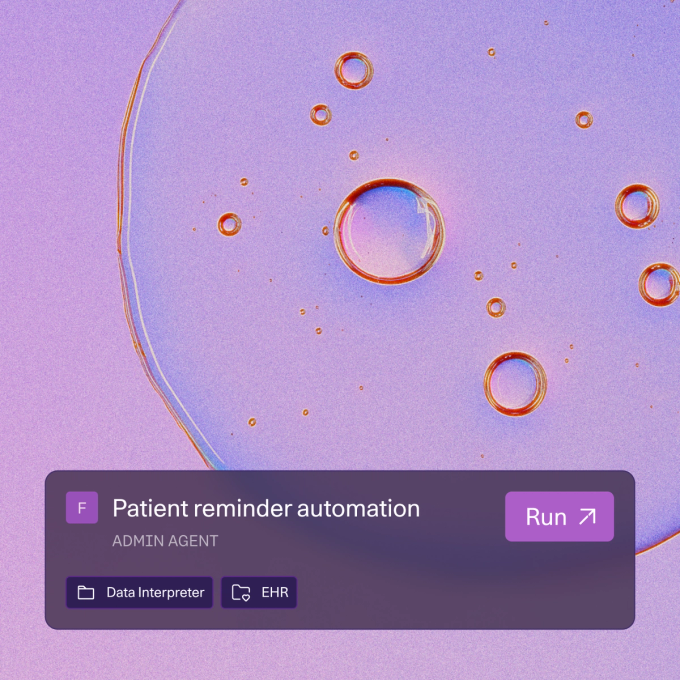 A UI card labeled ‘Patient reminder automation’ with a Run button, placed on a pastel purple background featuring circular liquid-like bubbles.