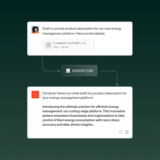 Illustration of Command interface generating a product description. The top section shows a user request with an attached PDF titled “E-MANAGE-PLATFORM_2.5,” followed by a “GENERATING” indicator. The bottom section displays the AI’s draft description for an energy management platform, highlighting features like efficiency, data-driven insights, and precise energy control.