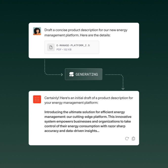 Illustration of Command interface generating a product description. The top section shows a user request with an attached PDF titled “E-MANAGE-PLATFORM_2.5,” followed by a “GENERATING” indicator. The bottom section displays the AI’s draft description for an energy management platform, highlighting features like efficiency, data-driven insights, and precise energy control.