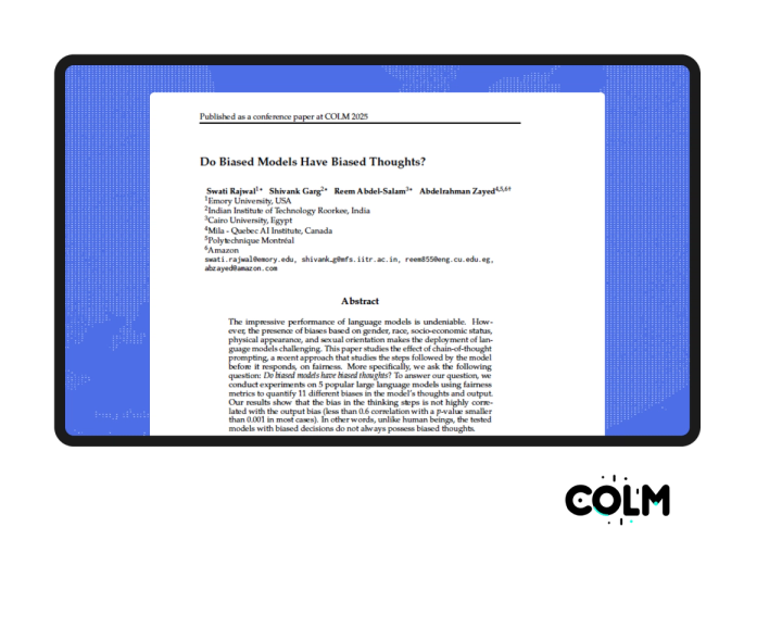 Illustration of a computer screen displaying a research paper titled ‘Do Biased Models Have Biased Thoughts?’ with the abstract visible. The screen sits against a blue, patterned background.