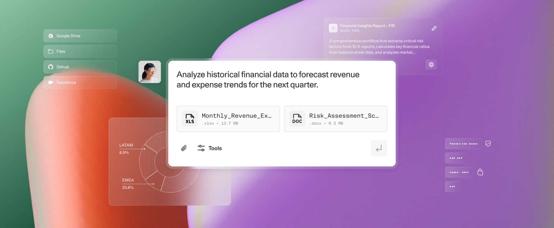 Interface showing financial data analysis prompt with attached XLSX and DOCX files, plus Google Drive, GitHub, and Salesforce icons on a colorful gradient background.
