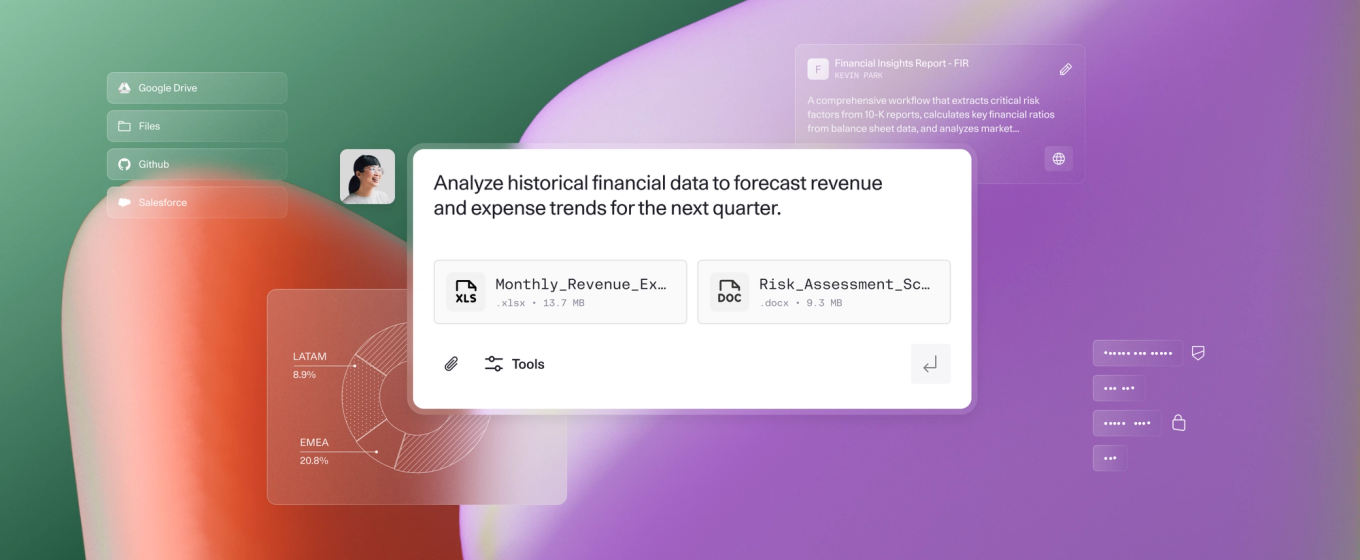 Interface showing financial data analysis prompt with attached XLSX and DOCX files, plus Google Drive, GitHub, and Salesforce icons on a colorful gradient background.