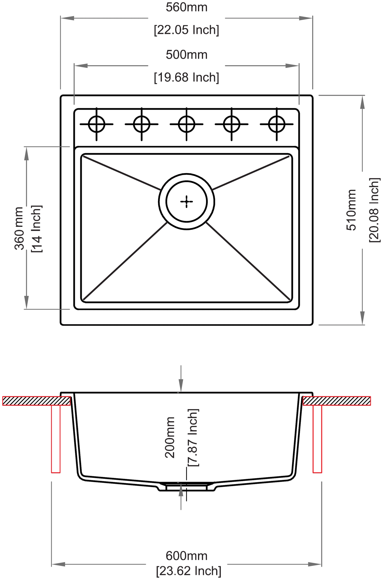Carysil 560 EF Waltz Single Bowl Kitchen Sink technical drawing
