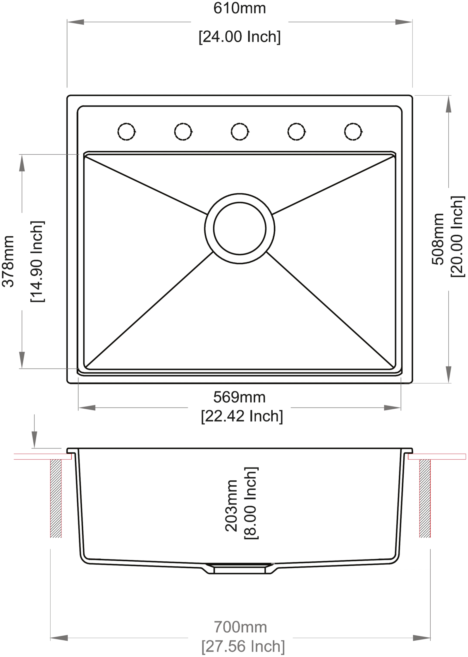 Carysil 610 Waltz Single Bowl Kitchen Sink technical drawing
