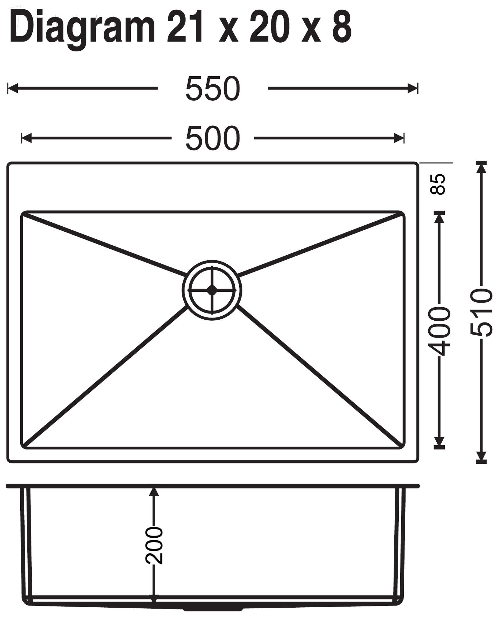 Carysil Micro Radius Waltz Single Bowl 21x20x8 technical drawing