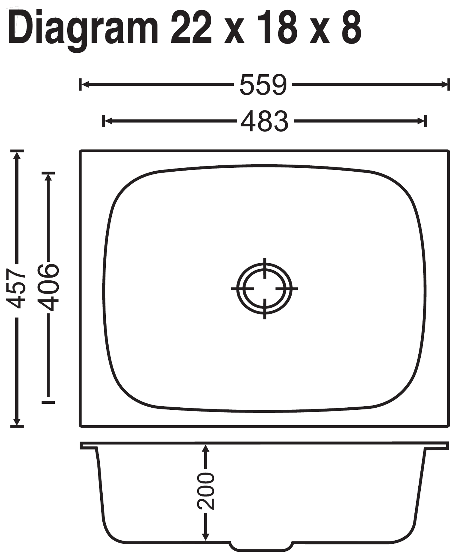 Elegance Single Bowl 22x18x8 technical drawing