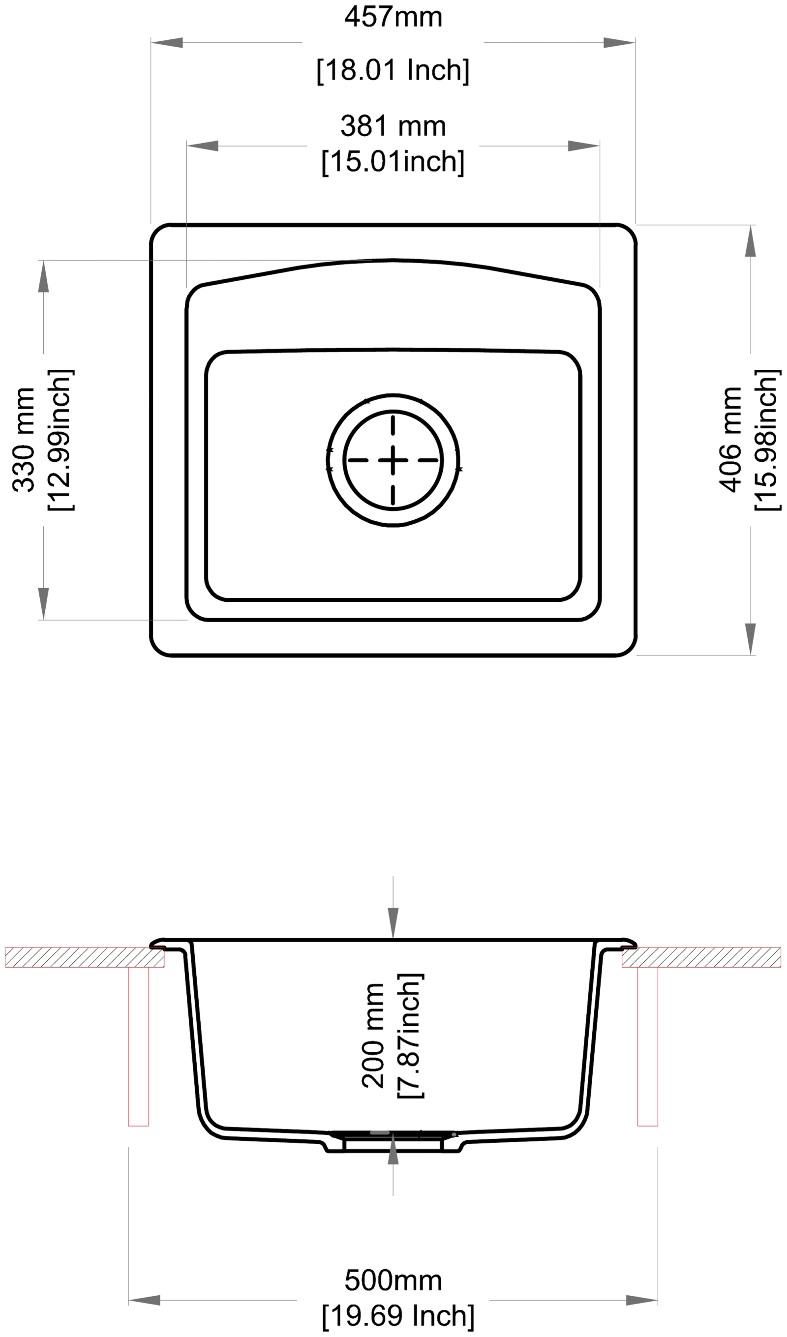 Carysil Bar Single Bowl Kitchen Sink technical drawing