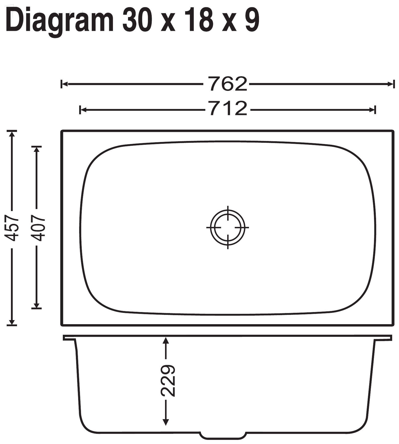 Carysil Elegance Single Bowl 30x18x9 technical drawing