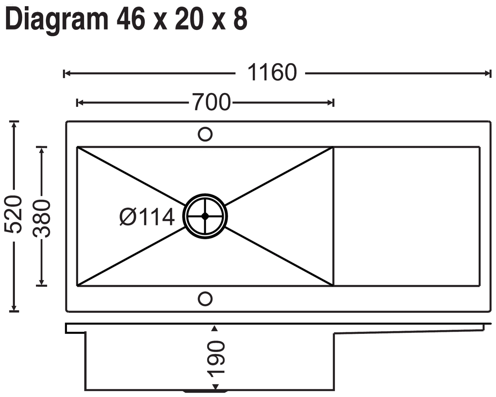 Carysil Rege Single Bowl With Drainer 46x20x8 technical drawing