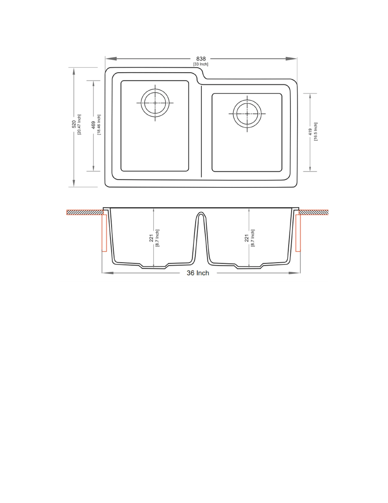 Carysil 250R Tango Double Bowl kitchen Sink technical drawing