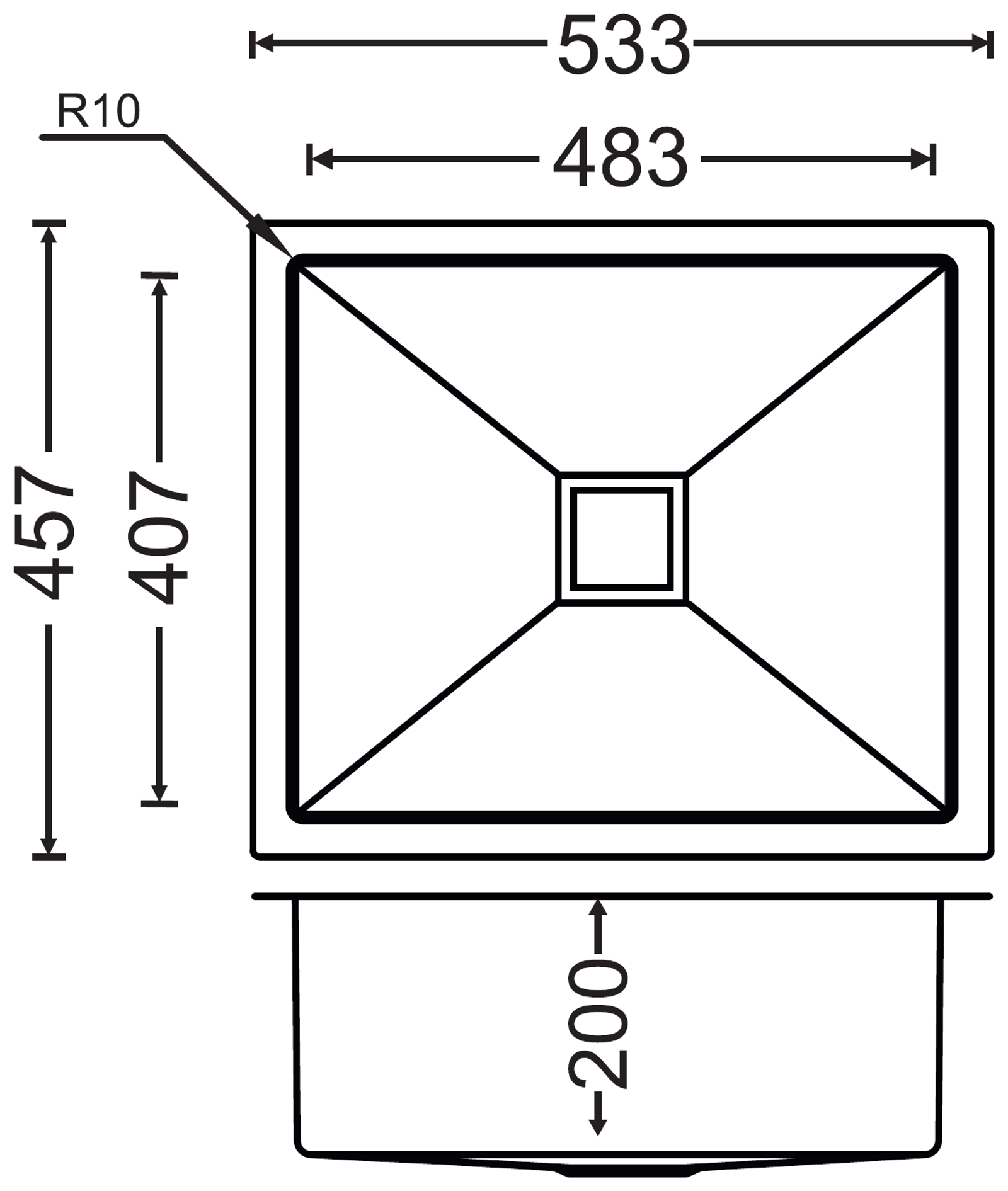Carysil Micro Radius R10 Single Bowl 21x18x8 technical drawing