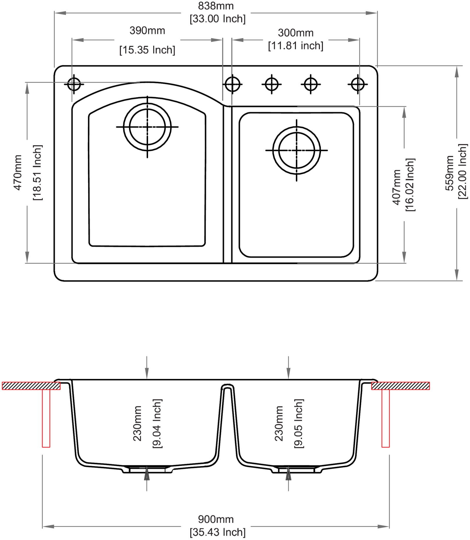 Carysil N200 Swan Double Bowl Kitchen Sink technical drawing