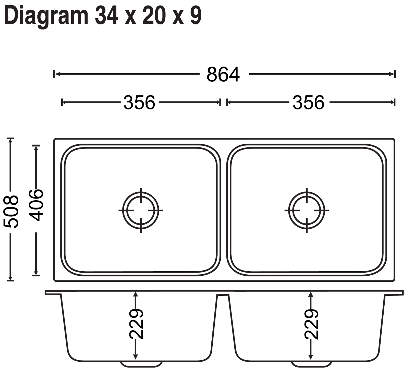 Carysil Elegance Double Bowl 34x20x9 technical drawing