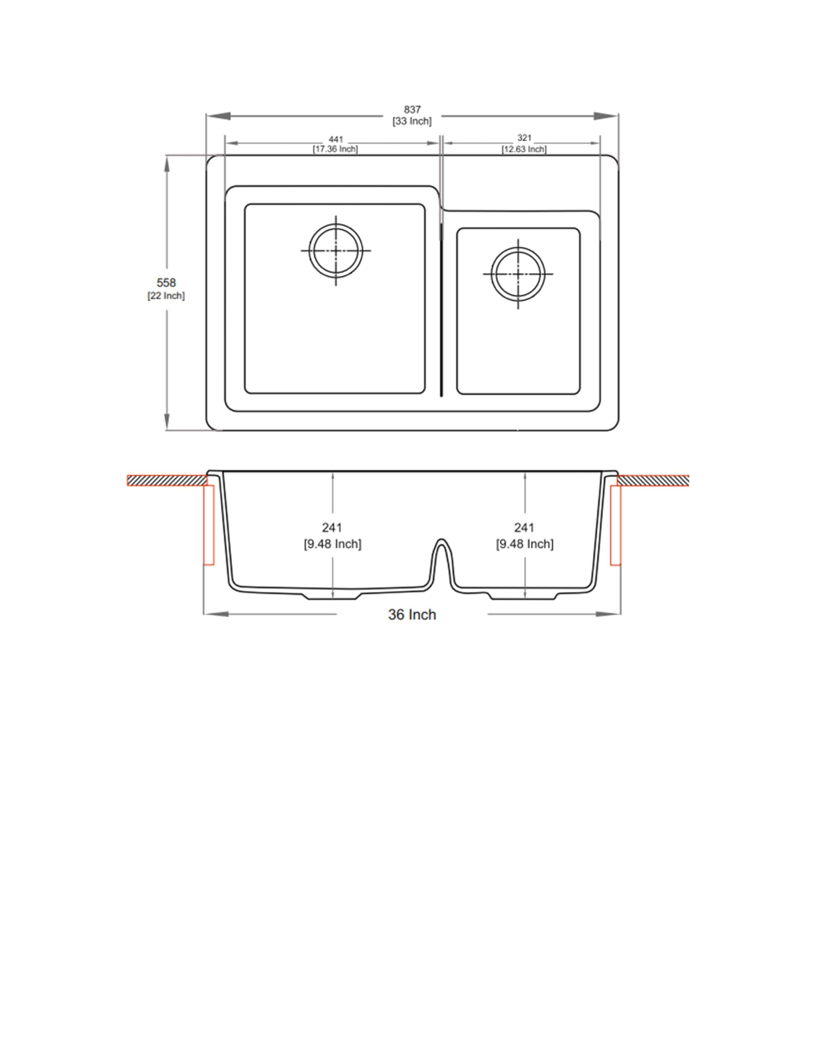 Carysil LB3322 Tango Double Bowl Kitchen Sink technical drawing