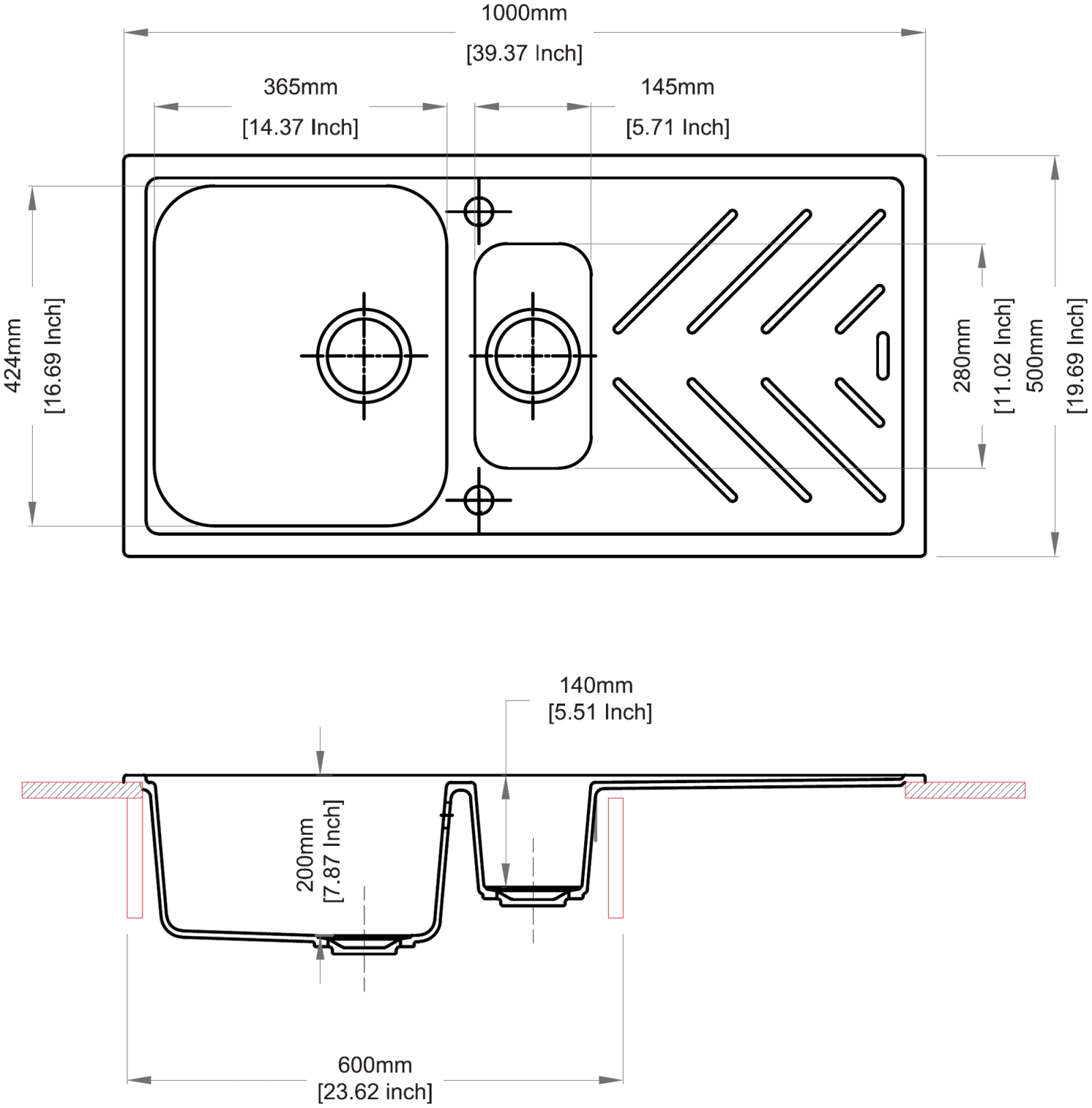 Carysil D150 New Beethoven One and Half Bowl Kitchen Sink with Drainer technical drawing