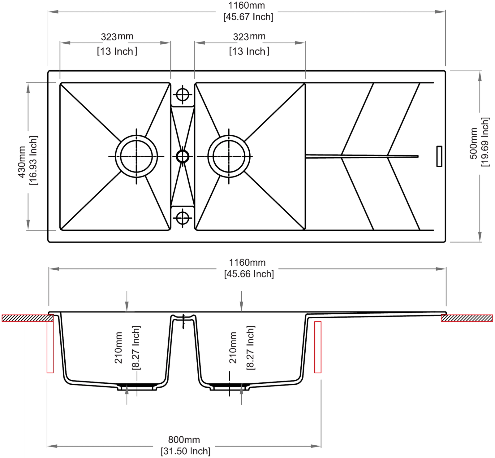 Carysil D200 Jazz Double Bowl with Drainer Kitchen Sink technical drawing