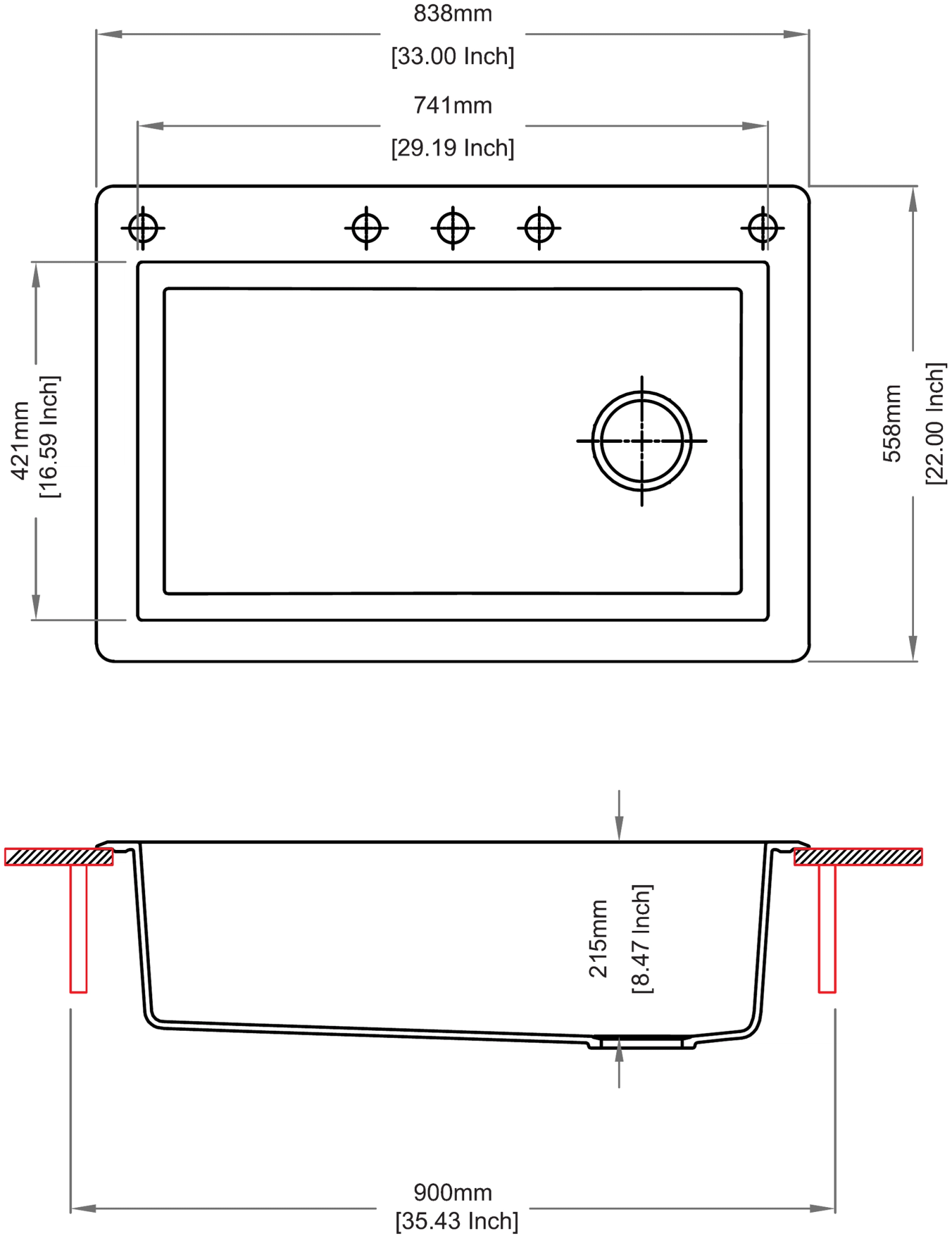 Carysil N100L Swan Single Bowl Kitchen Sink technical drawing