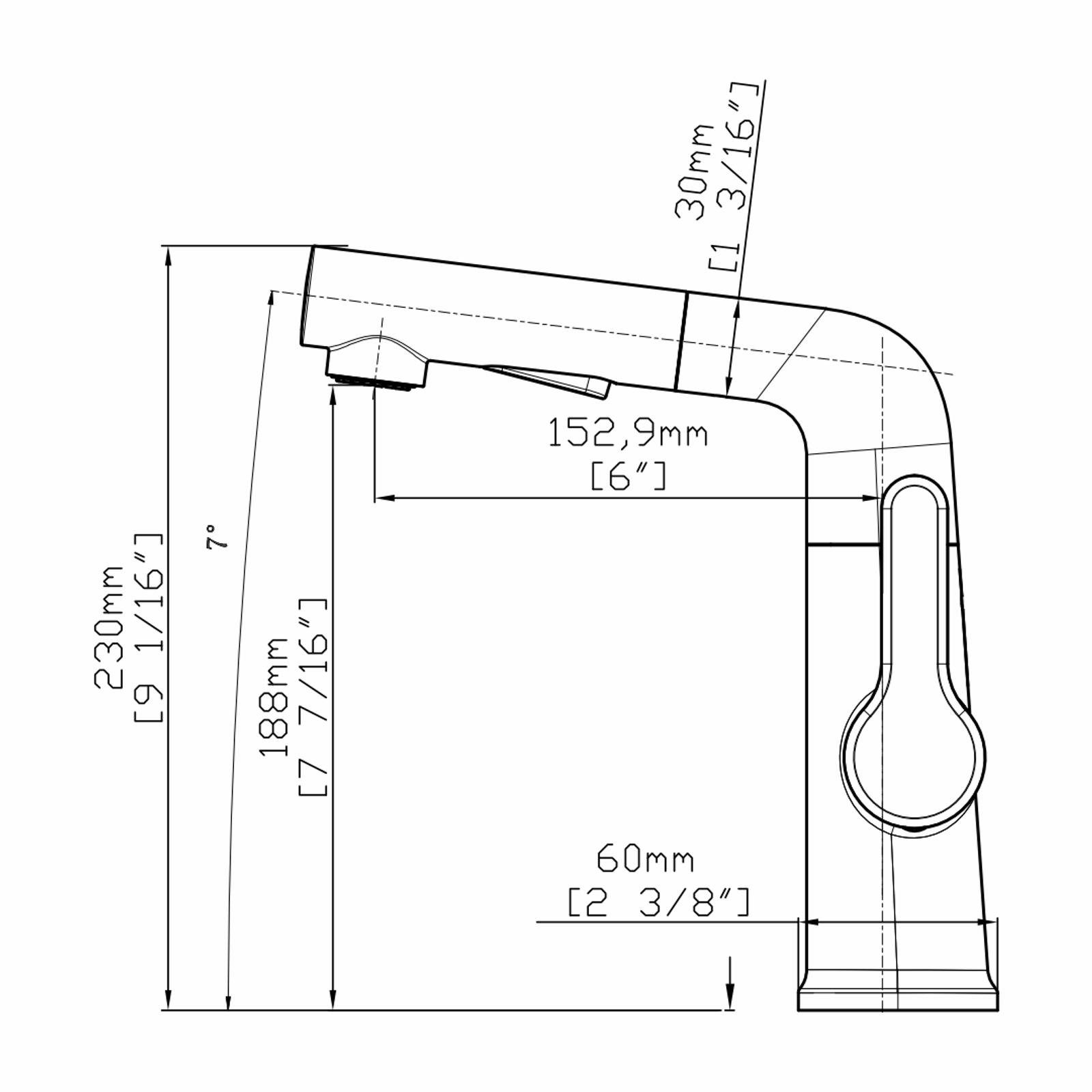 Carysil ALPHA03 Modern Single-Handle Kitchen Sink Faucet, Matte Black technical drawing