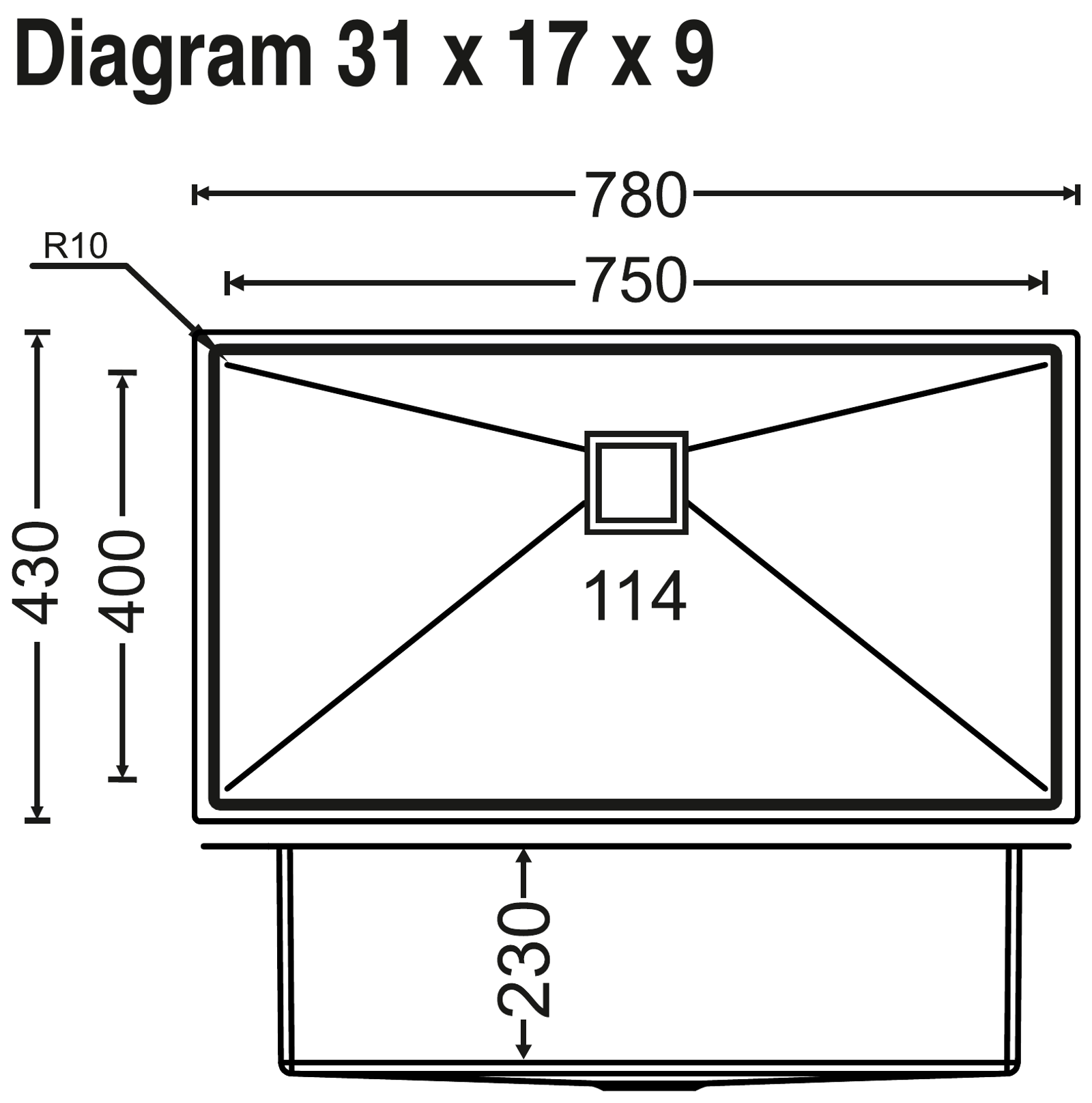 Carysil Micro Radius R10 Single Bowl 31x17x9 technical drawing