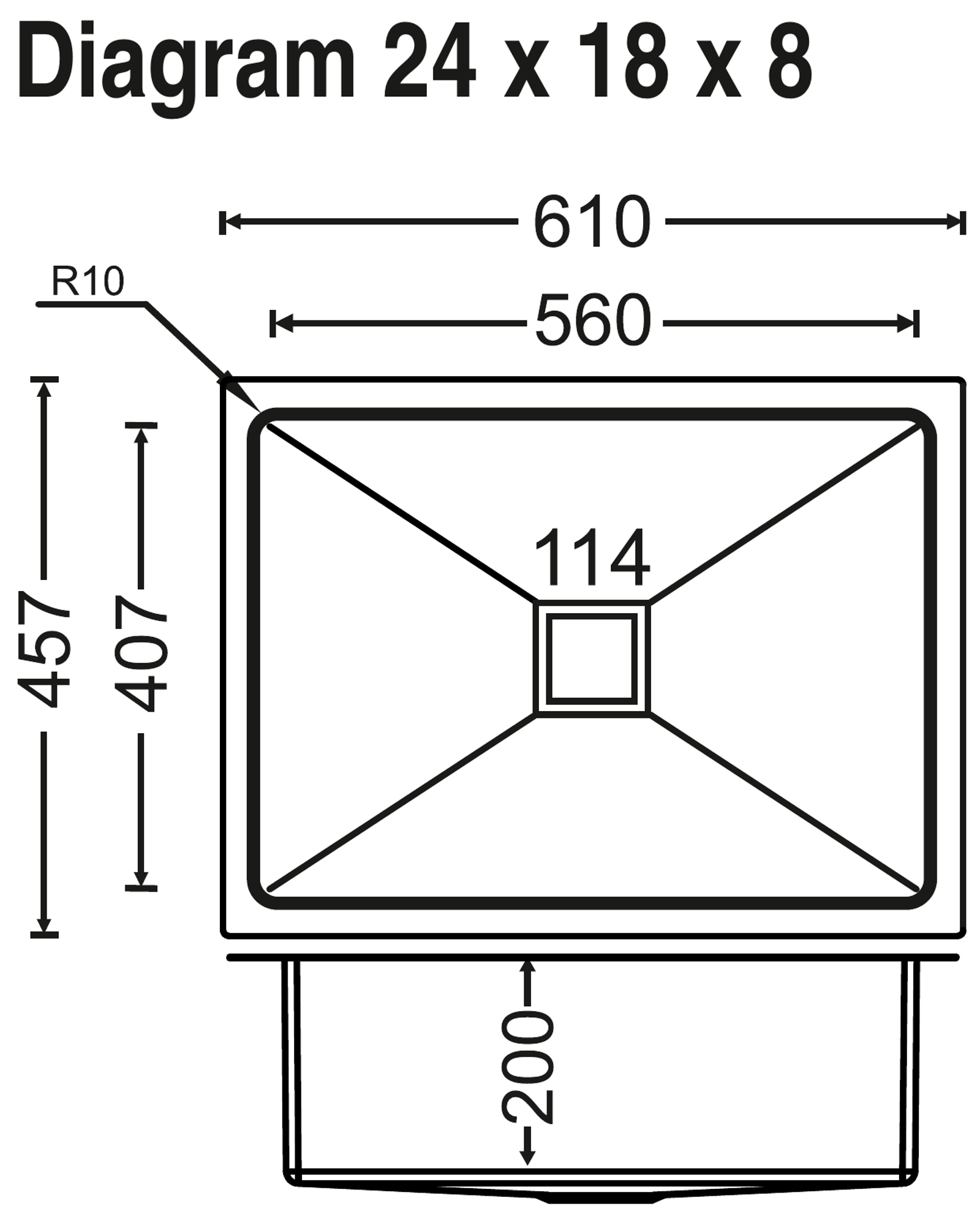 Carysil Micro Radius R10 Single Bowl 24x18x8 technical drawing