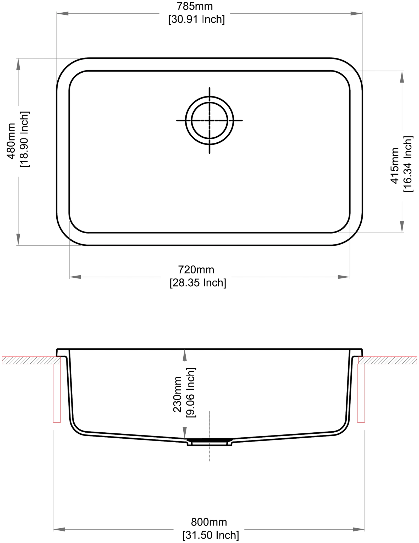 Carysil N100 Jumbo Single Bowl Kitchen Sink technical drawing
