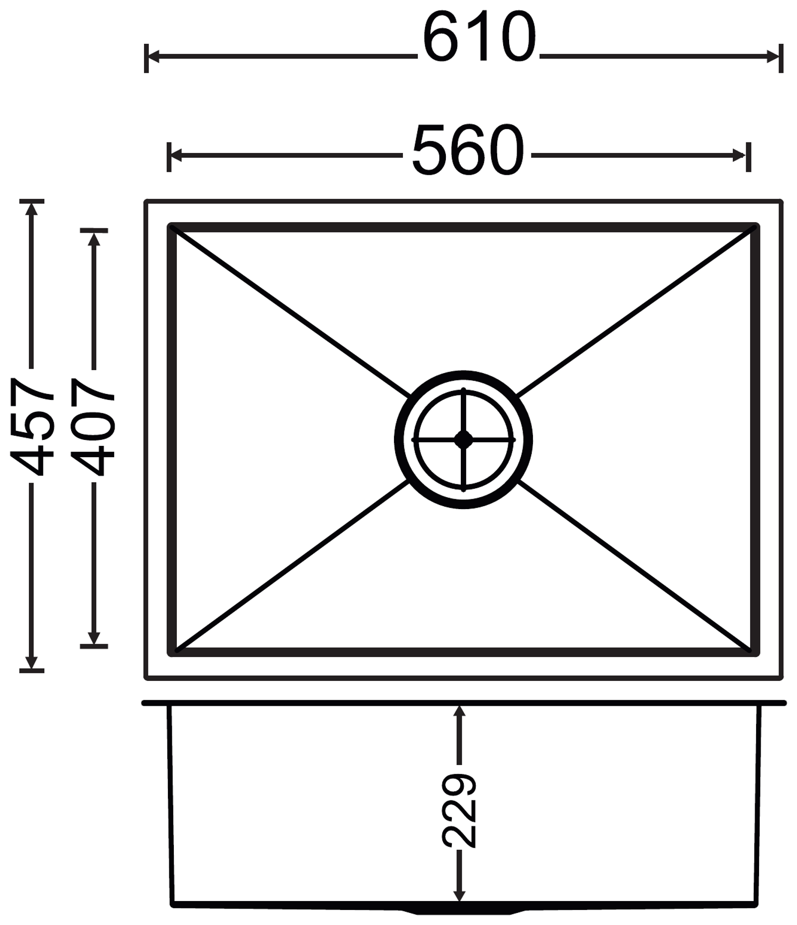 Quadro Single Bowl 24x18x9 technical drawing