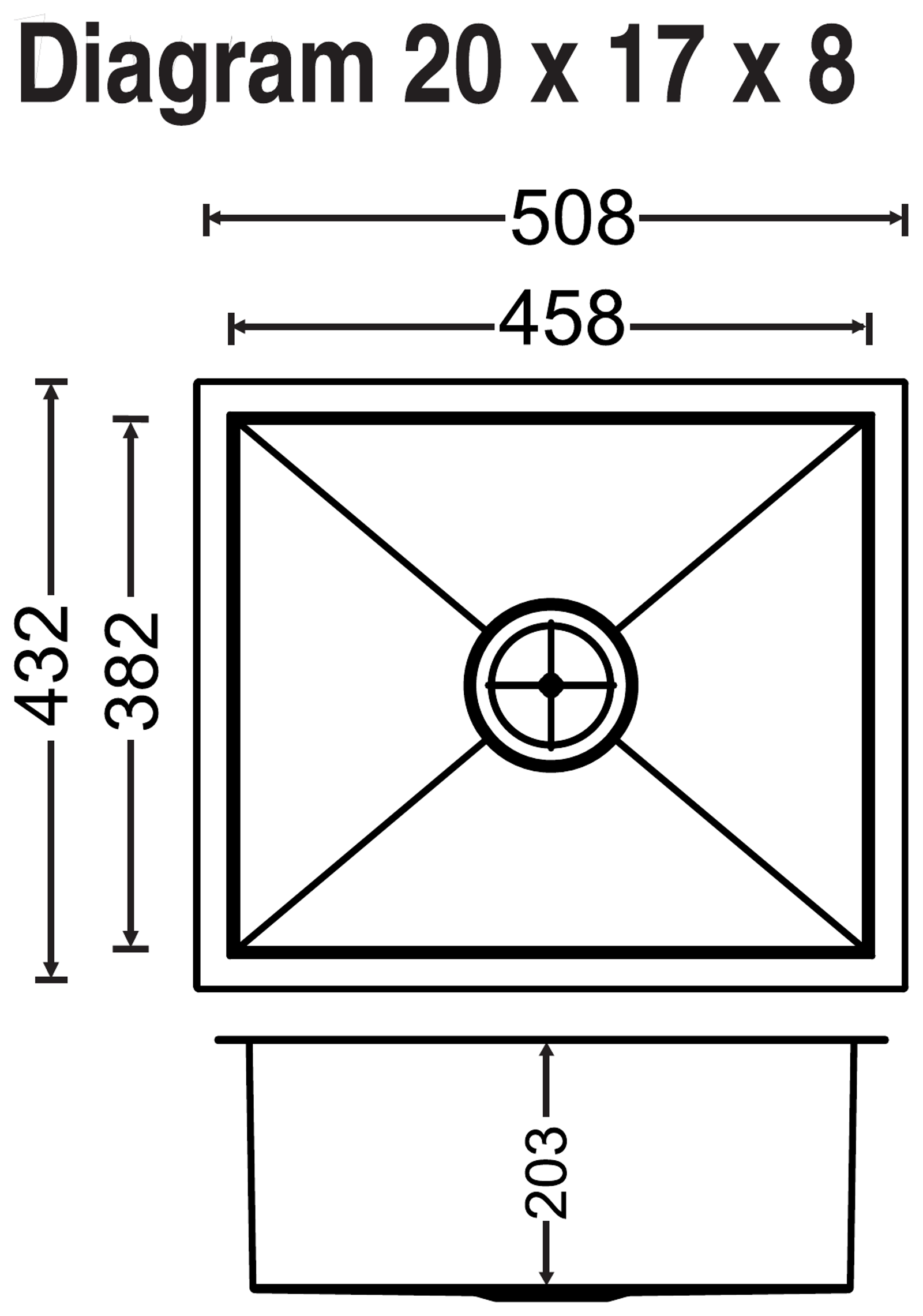 Carysil Quadro Q10 Single Bowl 20x17x8 technical drawing