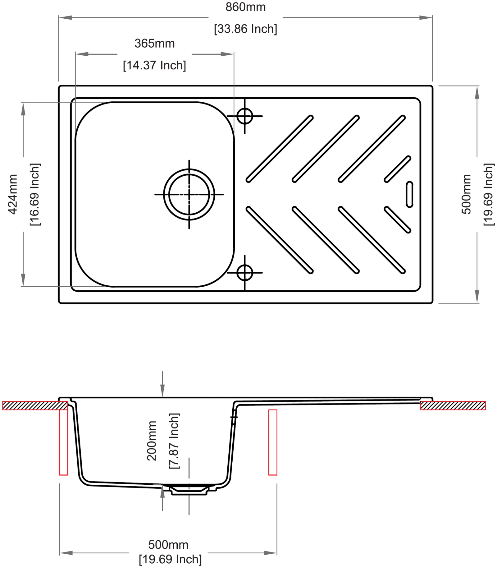 Carysil D100 New Beethoven Single Bowl with Drainer Kitchen Sink technical drawing