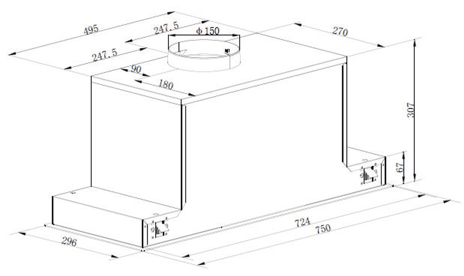 Munich Built in Hood Chimney technical drawing