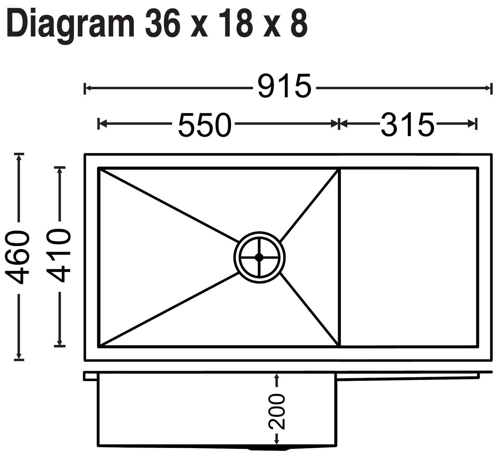 Carysil Quadro Single Bowl with Drainer 36x18x8 technical drawing