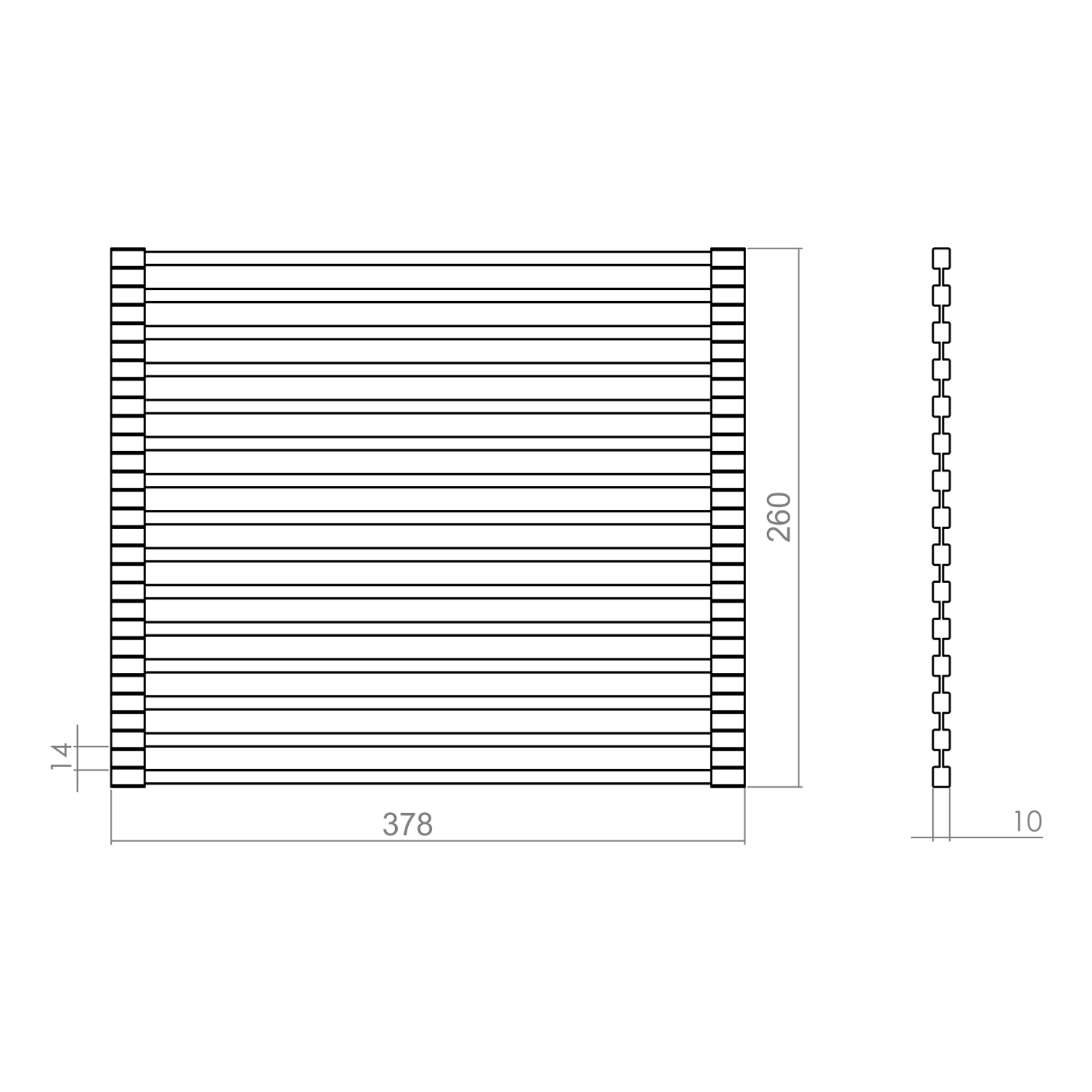 Carysil Fold Mat Roll Up Dish Drying Rack for Kitchen Sink, Multipurpose Stainless Steel Drainer, Heat Resistant, Anti-Slip, Anti-Rust, Space-Saving Drying Foldable Mat, 37.8×2.6×1.4 cm technical drawing